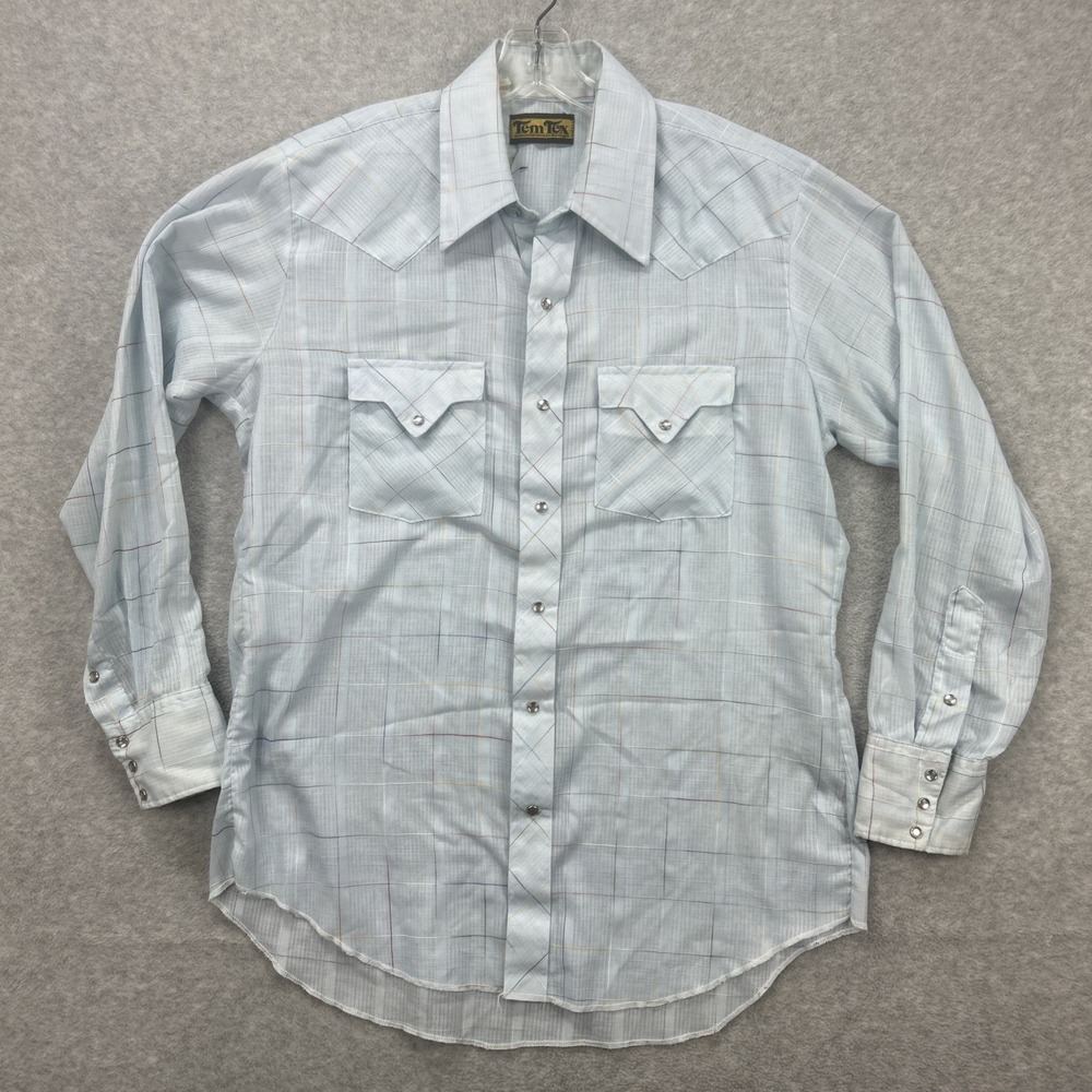 Vintage Tem Tex Shirt Mens 16.5 34 Blue Plaid Pearl Snap Western Extra Long Tail